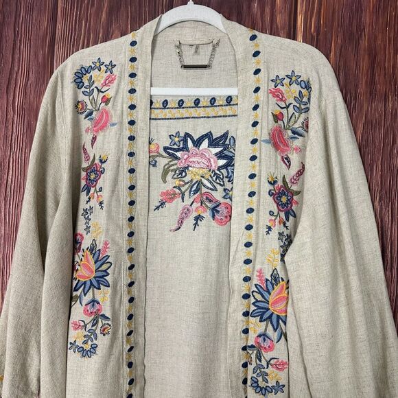 Paparazzi Womens Kimono Jacket Embroidered Open Front Beige Linen Blend Size XL - Picture 3 of 8